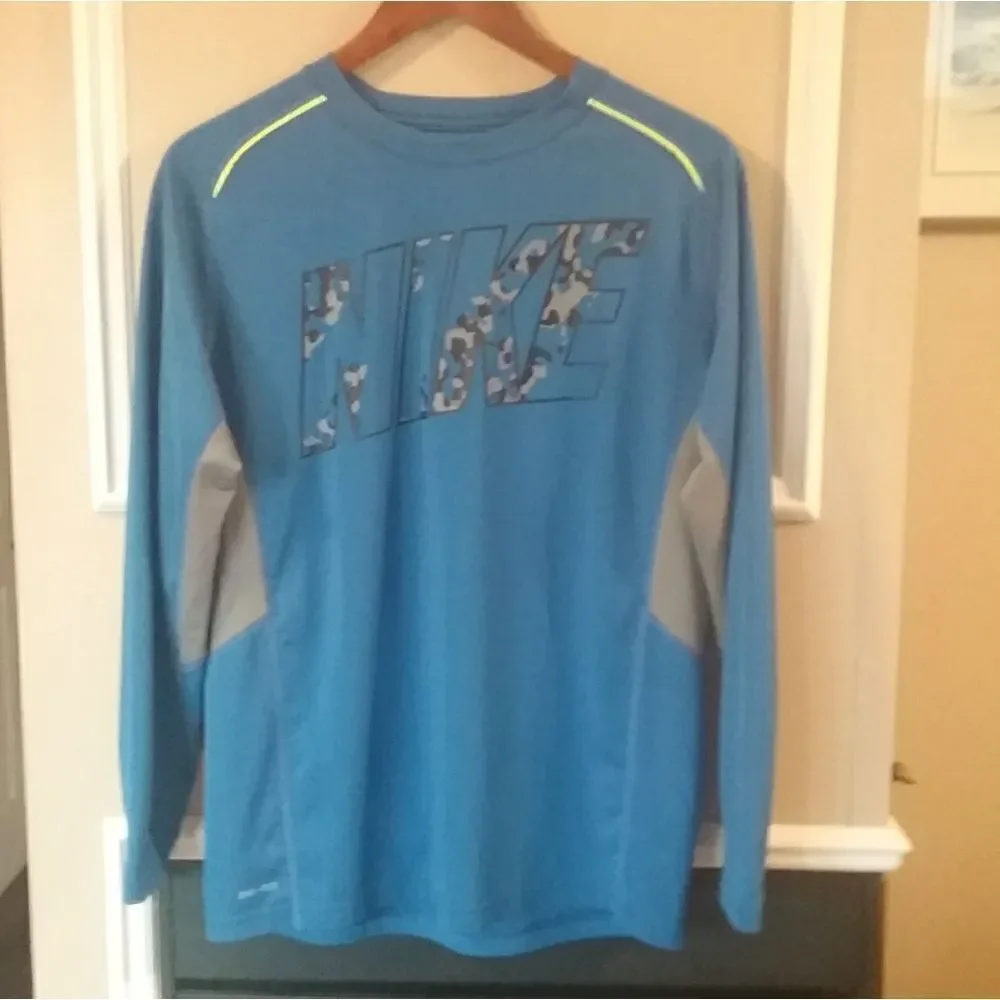 Nike GFX Legacy Blue Graphic Print Dri Fit Crew Neck Long Sleeve Size XL